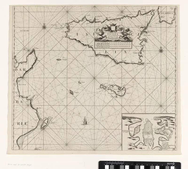 Kaart van de eilanden Sicilië en Malta en een deel van de kust van Tunesië Wall Art by anonymous - High-Resolution Digital Print