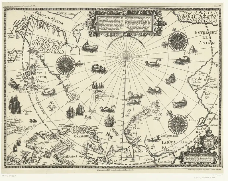 Kaart van de landen rond de poolcirkel met de drie reizen van de Nederlanders, 1598 Wall Art by Willem Barendsz. - High-Resolution Digital Print