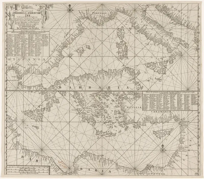 Kaart van de Middellandse Zee met boven het westelijk deel en onder het oostelijk deel Wall Art by anonymous - High-Resolution Digital Print