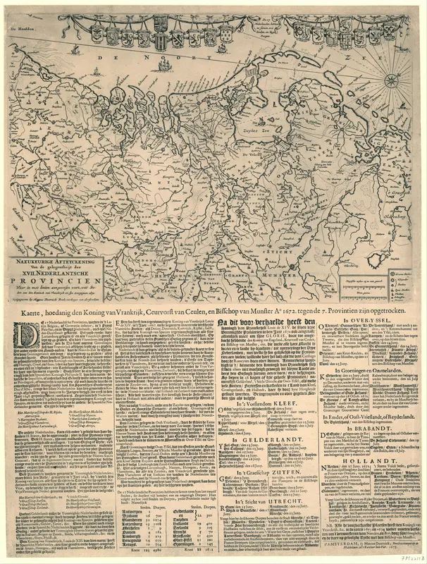 Kaart van de Nederlanden waarop zijn aangegeven de steden die in 1672 veroverd zijn door de Fransen Wall Art by anonymous - High-Resolution Digital Print