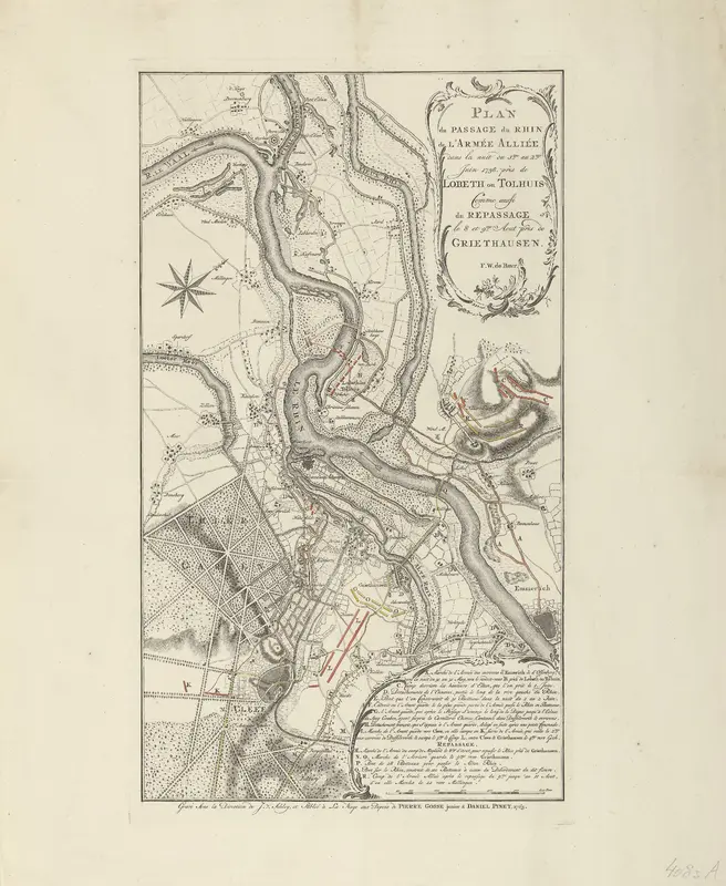 Kaart van de oversteek van het geallieerde leger bij Lobith, 1758 Wall Art by Unknown - High-Resolution Digital Print