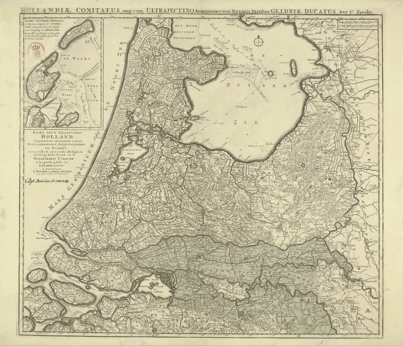Kaart van de provincies Holland, Utrecht en Gelderland met de delen die bij de dijkbreuken in 1740-1741 onder water zijn gelopen Wall Art by Unknown - High-Resolution Digital Print