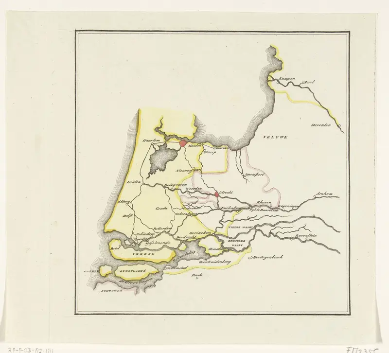 Kaart van de provincies Holland, Utrecht en Gelderland waarop met kleuren is aangegeven tot hoever de Fransen in 1672 waren doorgedrongen en welke delen door inundatie beveiligd waren Wall Art by anonymous - High-Resolution Digital Print