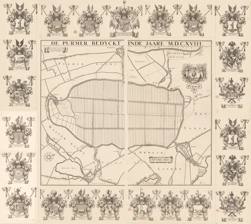 Kaart van de Purmer met wapenrand, bestaande uit zes delen Wall Art by anonymous - High-Resolution Digital Print