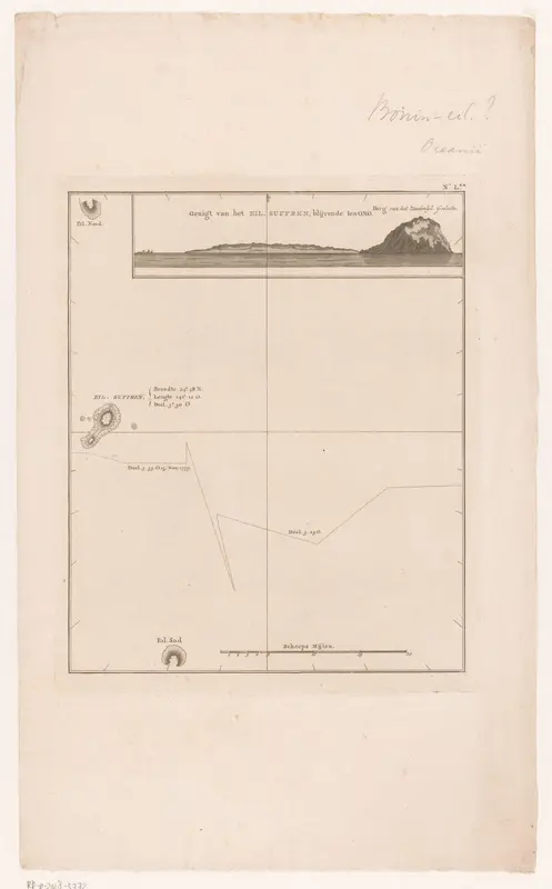 Kaart van en gezicht op het eiland Iwo Jima voor de Japanse kust Wall Art by Johannes Allart - High-Resolution Digital Print