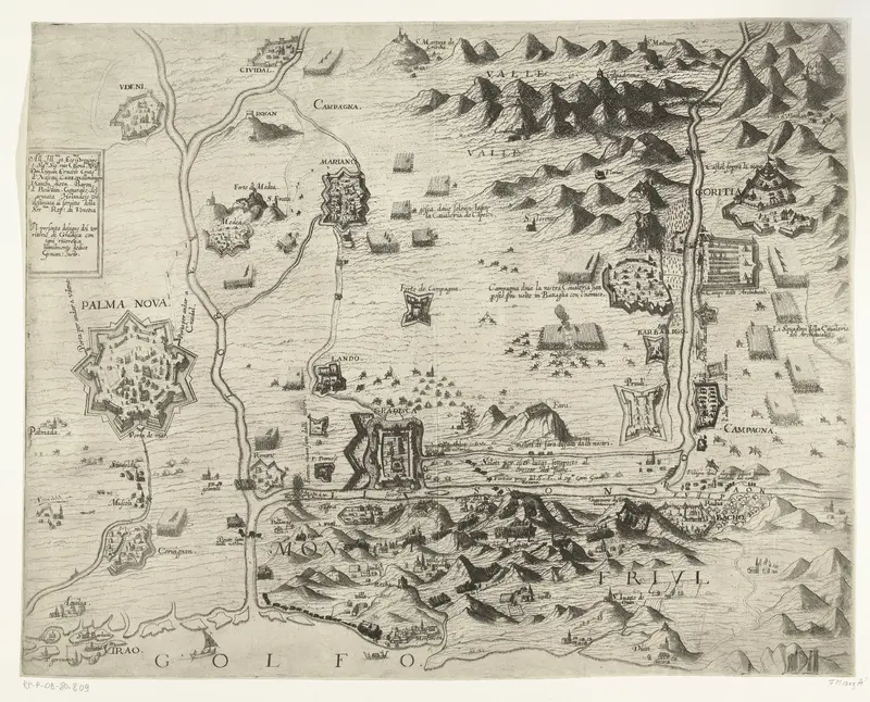 Kaart van het beleg van de vesting Gradisca, 1616 Wall Art by Giovanni Justo - High-Resolution Digital Print