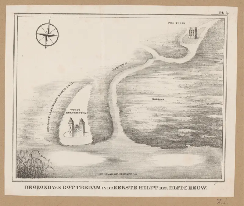 Kaart van het grondgebied van Rotterdam in de elfde eeuw Wall Art by Hendrik Adriaan Marius Roelants - High-Resolution Digital Print