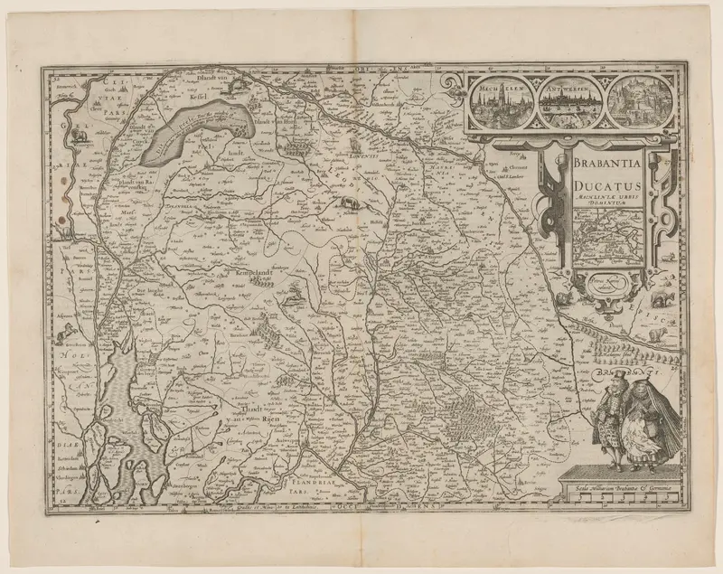 Kaart van het hertogdom Brabant met een gezicht op Mechelen, Antwerpen en het Paleis op de Koudenberg te Brussel Wall Art by Unknown - High-Resolution Digital Print