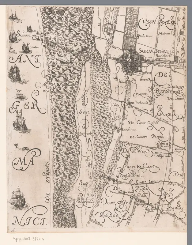 Kaart van het Hoogheemraadschap van Delfland, met Den Haag en omgeving, deel links midden Wall Art by Floris Balthasarsz. van Berckenrode - High-Resolution Digital Print
