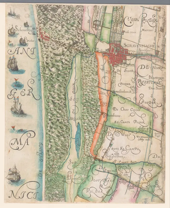 Kaart van het Hoogheemraadschap van Delfland, met Den Haag en omgeving, deel links midden Wall Art by Balthasar Florisz. van Berckenrode - High-Resolution Digital Print