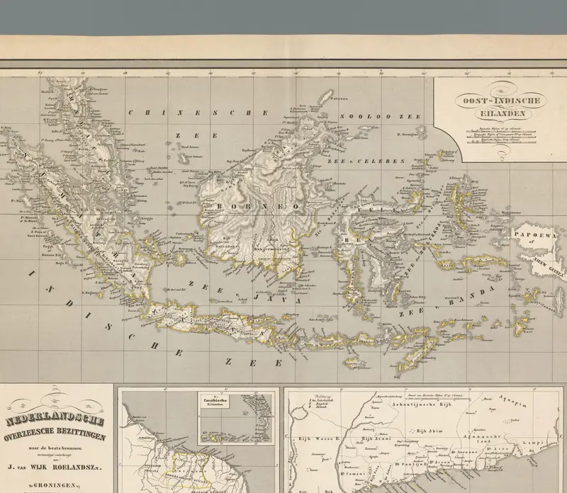 Kaart van Indonesië, met inzet van de kust van Zuid-Amerika, de Nederlandse Antillen en de kust van Guinée Wall Art by Unknown - High-Resolution Digital Print