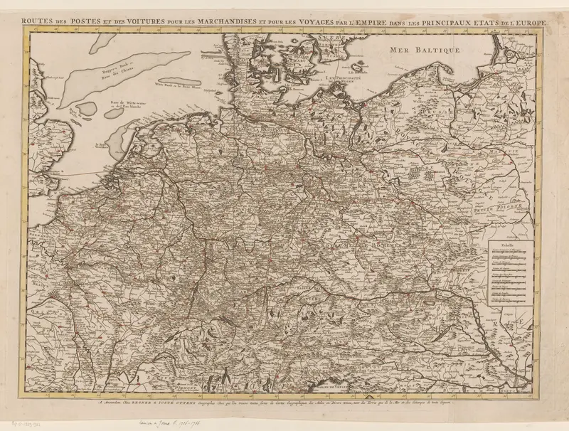 Kaart van Nederland, Duitsland, België en Denemarken waarop de postroutes zijn aangegeven Wall Art by Unknown - High-Resolution Digital Print