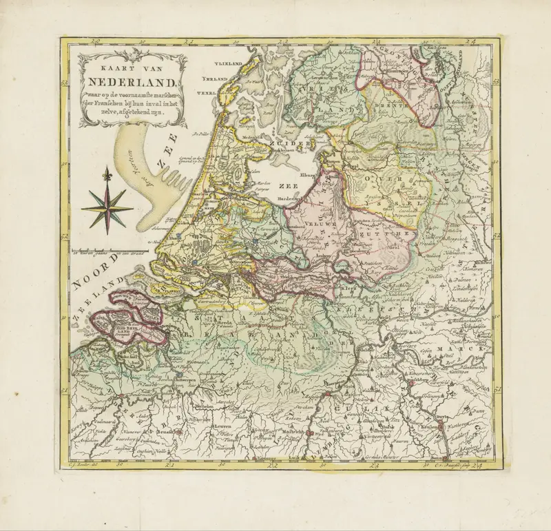 Kaart van Nederland met de marsroutes van het Franse leger, 1792 Wall Art by Unknown - High-Resolution Digital Print
