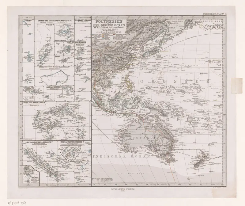 Kaart van Polynesië en de Grote Oceaan met Australië en een deel van Azië Wall Art by Unknown - High-Resolution Digital Print