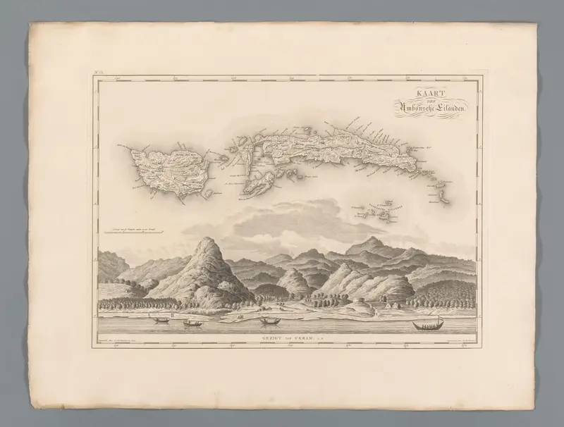 Kaart van Pulau Seram en Pulau Buru met daaronder een gezicht op een van de eilanden vanaf de Straat Ceram Wall Art by Unknown - High-Resolution Digital Print