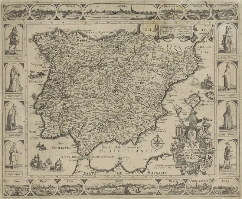 Kaart van Spanje en Portugal Wall Art by Unknown - High-Resolution Digital Print