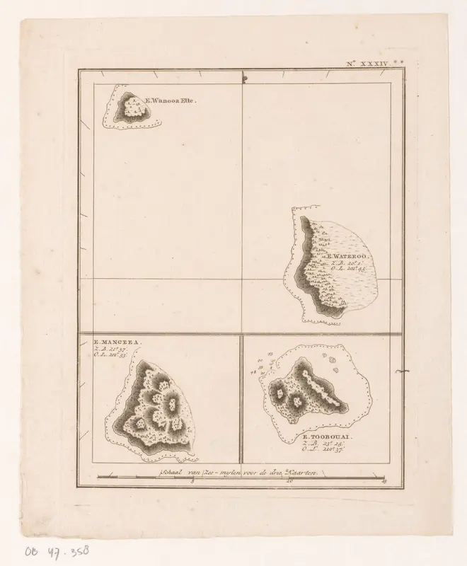 Kaart van vier eilanden in de Grote Oceaan, waaronder Mangaia en Tubuai Wall Art by Abraham Honkoop (II) - High-Resolution Digital Print
