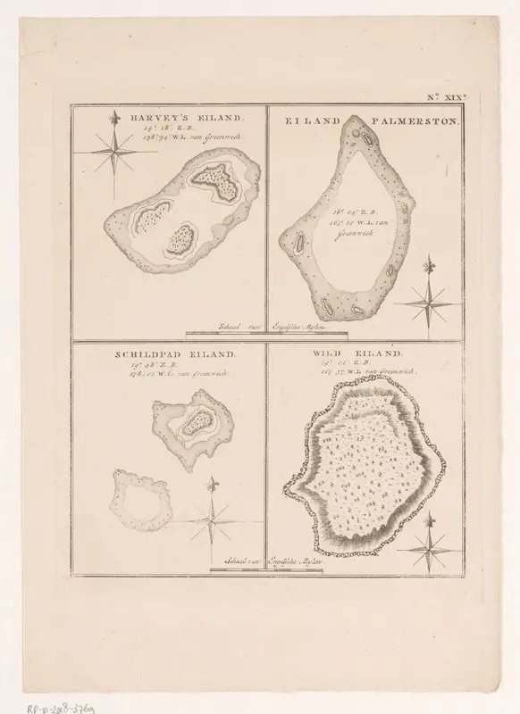 Kaart van vier eilanden in de Grote Oceaan, waaronder Palmerstoneiland Wall Art by anonymous - High-Resolution Digital Print