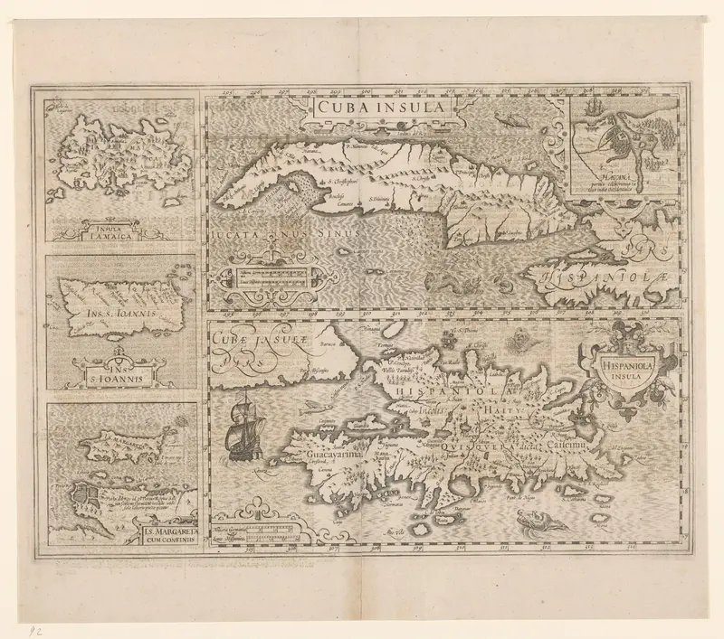 Kaart van vijf Caraibïsche eilanden: Cuba, Haïti, Jamaica, Puerto Rico en St. Margareta Wall Art by Johannes Janssonius - High-Resolution Digital Print