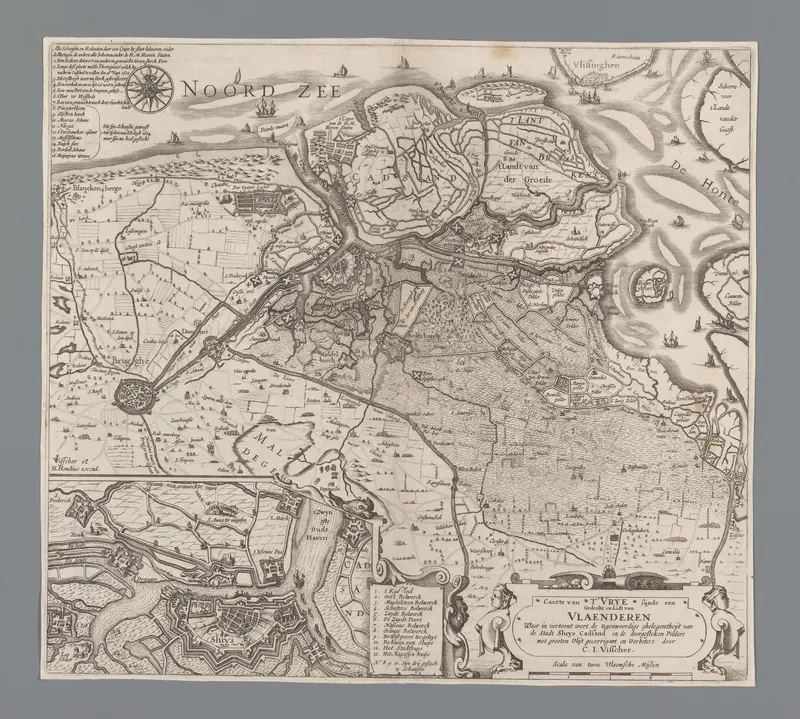 Kaart van Zeeuws-Vlaanderen met een inzet van Sluis en de vestingen in zijn omgeving Wall Art by Claes Jansz. Visscher (II) - High-Resolution Digital Print