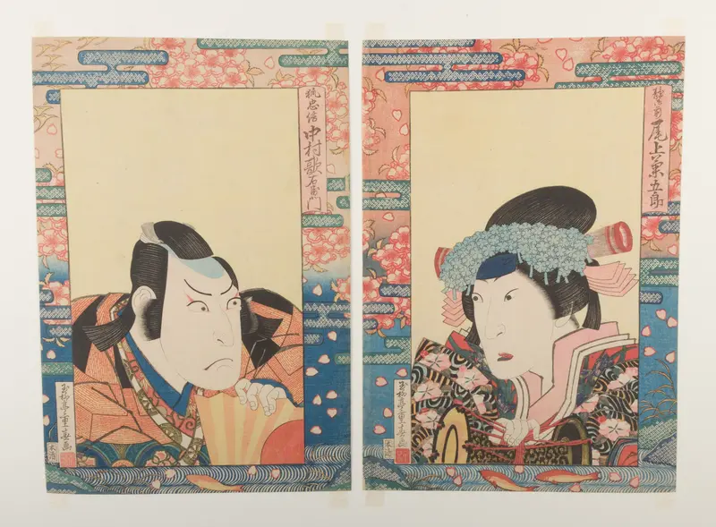 Kabuki Actors Onoe Kikugorō III as Shizuka Gozen and Nakamura Utaemon III as Kitsune Tadanobu, in the play Yoshitsune senbon zakura (The Thousand Cherry Trees of Yoshitsune) Wall Art by Gyokuryūtei (Ryūsai) Shigeharu - High-Resolution Digital Print