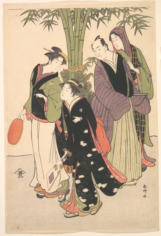 Kabuki Actors Segawa Kikunojō III and Ichikawa Monnosuke II and Two Courtesans Celebrating the New Year