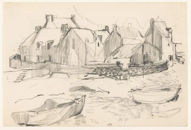 Kade met huizen en twee boten in water Wall Art by Jakob Kruijff - High-Resolution Digital Print