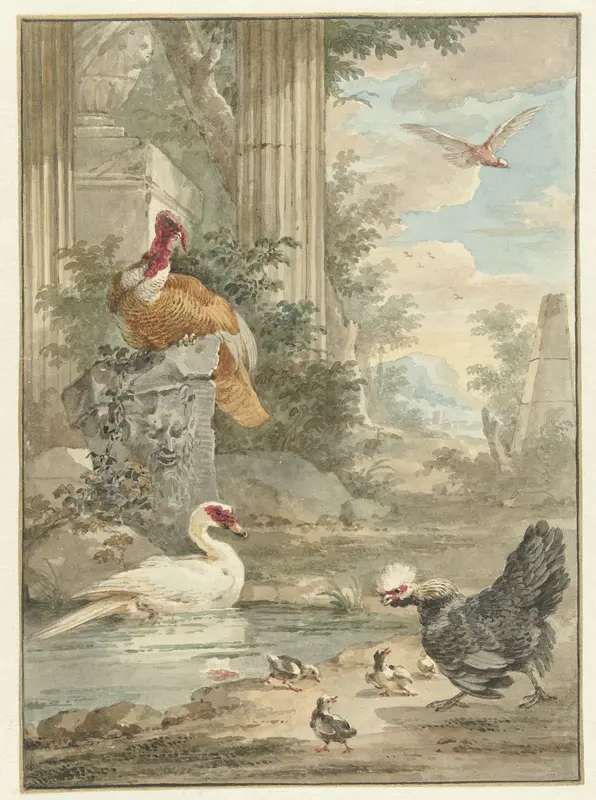 Kalkoen en andere vogels bij klassieke ruïnes in een park Wall Art by Aert Schouman - High-Resolution Digital Print