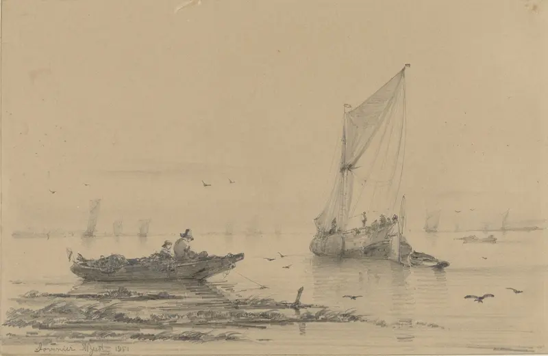 Kalm water met op de voorgrond een visser in zijn schuit Wall Art by Albertus van Beest - High-Resolution Digital Print