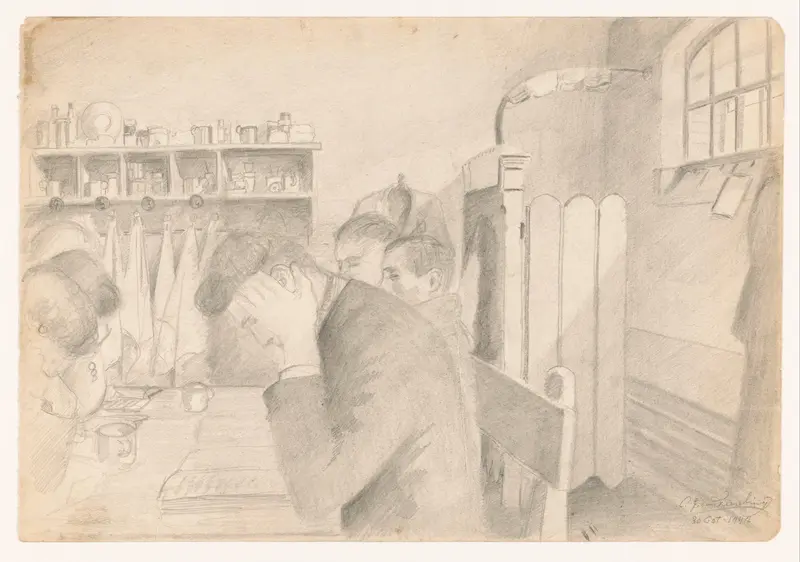Kamer in de gevangenis met lezende mensen aan een tafel, 1942 Wall Art by Cor van Teeseling - High-Resolution Digital Print