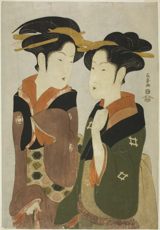 Kan, a waitress of the Izutsuya, and the geisha Fuseya of the Ogiya Wall Art by Eishosai Choki - High-Resolution Digital Print