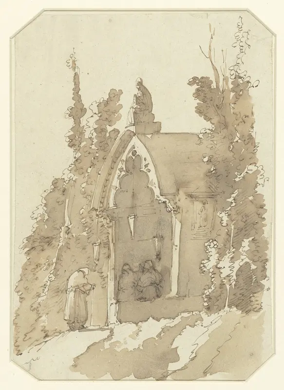 Kapelletje op een hoogte, met twee biddende mannen Wall Art by anonymous - High-Resolution Digital Print