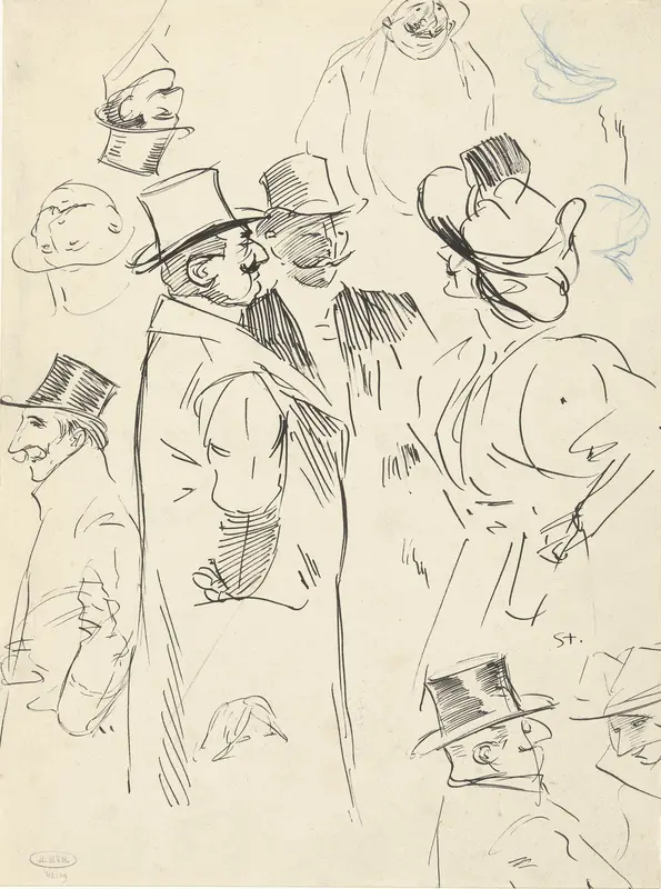 Karikaturale portretstudies van twee heren en een vrouw in gesprek Wall Art by Théophile Alexandre Steinlen - High-Resolution Digital Print