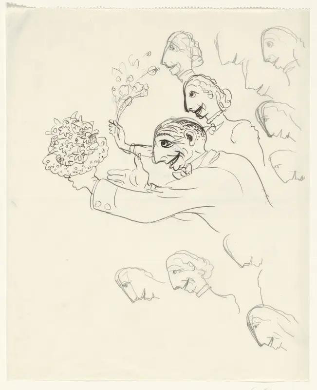 Karikatuur van Leo Gestel en zijn vrouw met bloemen in de hand Wall Art by Leo Gestel - High-Resolution Digital Print