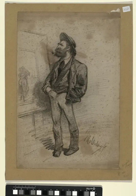Karikatuurportret van de kunstschilder Elchanon Verveer (1826-1900), een van zijn schilderijen met een Schevenings onderwerp beschouwend Wall Art by Jan Holswilder - High-Resolution Digital Print