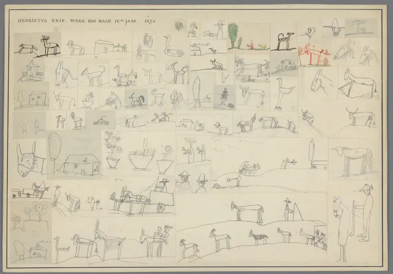 Karton waarop 21 kindertekeningen van dieren en mensen zijn geplakt Wall Art by Augustus Knip - High-Resolution Digital Print