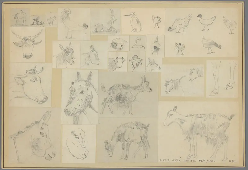 Karton waarop 25 kindertekeningen van dieren en mensen geplakt zijn Wall Art by Augustus Knip - High-Resolution Digital Print