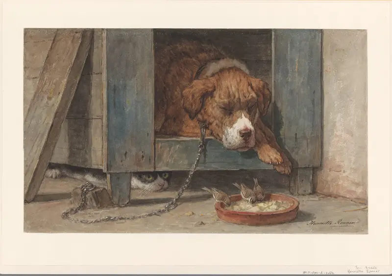 Kat bespiedt vogels bij een slapende hond Wall Art by Henriëtte Ronner - High-Resolution Digital Print