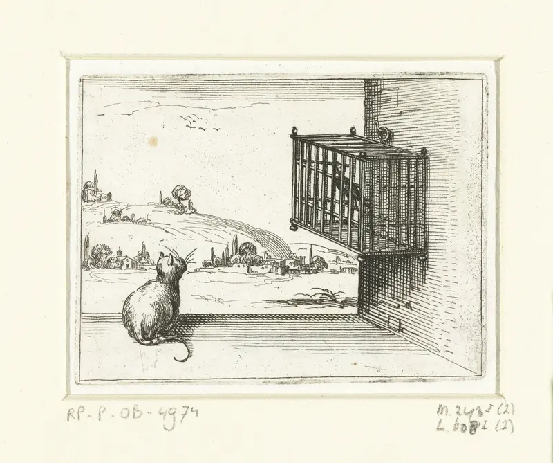Kat en gekooide vogel Wall Art by Jacques Callot - High-Resolution Digital Print