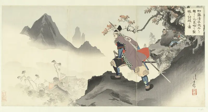 Kato Kiyomasa het paleis van Orankai vernietigend en innemend door een rotsblok naar beneden te rollen. Wall Art by Unknown - High-Resolution Digital Print