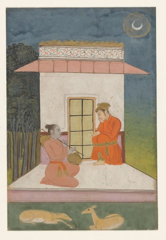 Kedara raga, man en vrouw zittend voor een gebouwtje Wall Art by anonymous - High-Resolution Digital Print