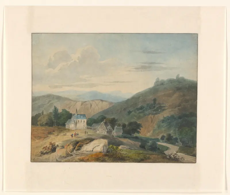 Kerk en huizen in een berglandschap Wall Art by Unknown - High-Resolution Digital Print