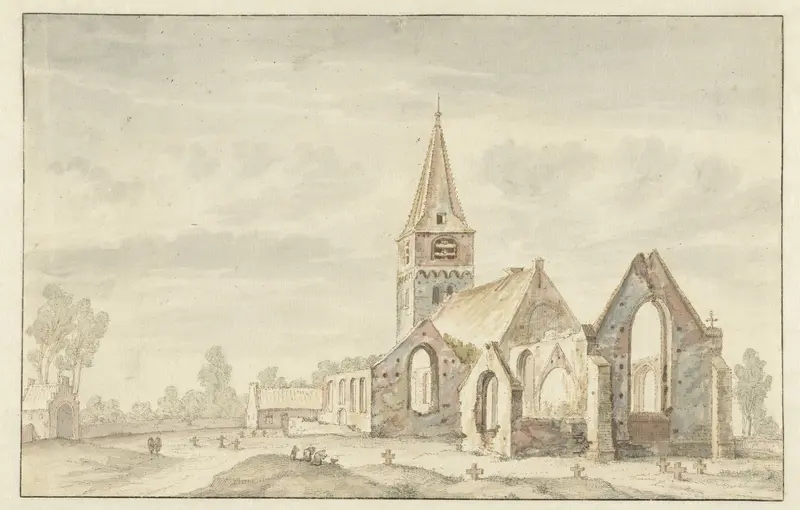 Kerk naast de ruïnes van een oude kerk te Velsen Wall Art by anonymous - High-Resolution Digital Print