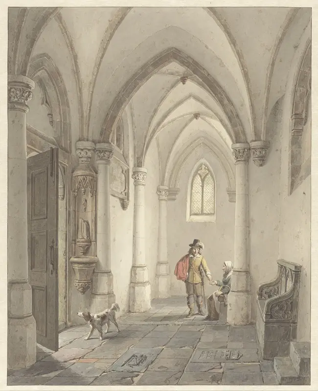 Kerkinterieur met man die bedelaarster een aalmoes geeft Wall Art by George Gillis Haanen - High-Resolution Digital Print