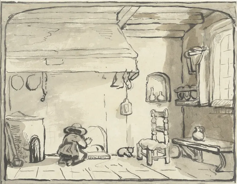 Keukeninterieur met knielend figuurtje bij de schouw Wall Art by anonymous - High-Resolution Digital Print