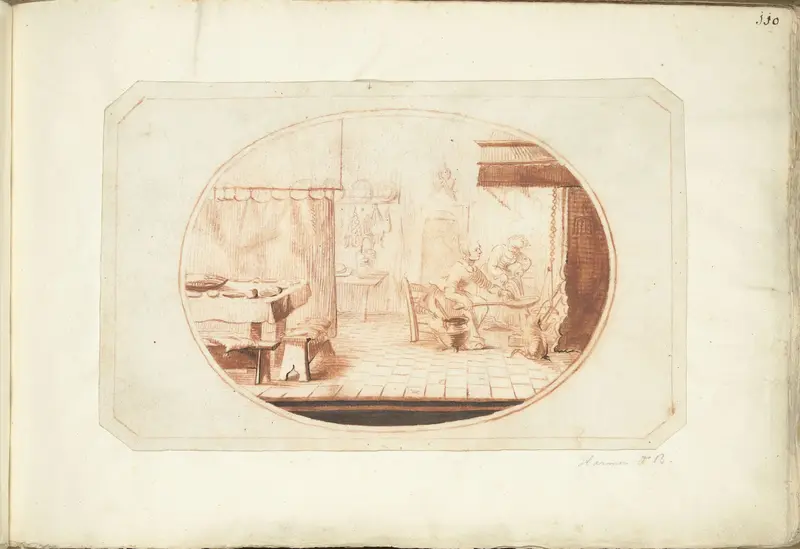 Keukeninterieur met twee vrouwen en een kat, in ovaal Wall Art by Unknown - High-Resolution Digital Print
