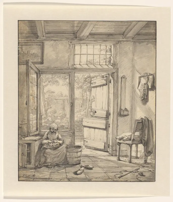 Keukeninterieur met uitzicht op een tuin (van Abraham van Strij) Wall Art by Abraham van Strij (I) - High-Resolution Digital Print