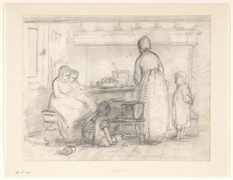 Keukeninterieur met vrouw en kinderen Wall Art by Hendrik Valkenburg - High-Resolution Digital Print