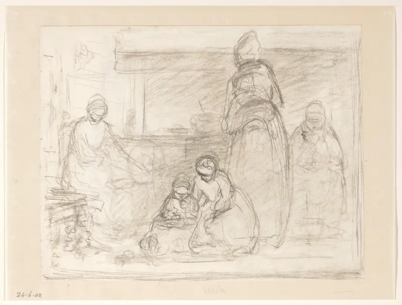 Keukeninterieur met vrouwen en kinderen Wall Art by Hendrik Valkenburg - High-Resolution Digital Print