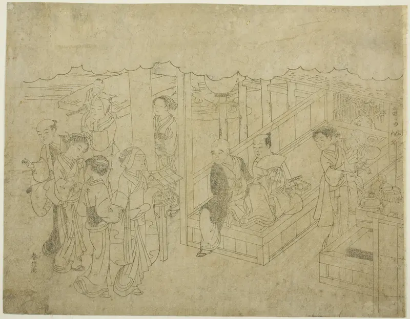 Key block print for The Introduction (Miai), the first sheet from the series "Marriage in Brocade Prints, the Carriage of the Virtuous Woman (Konrei nishiki misao-guruma)" by Suzuki Harunobu - High-Resolution Digital Print
